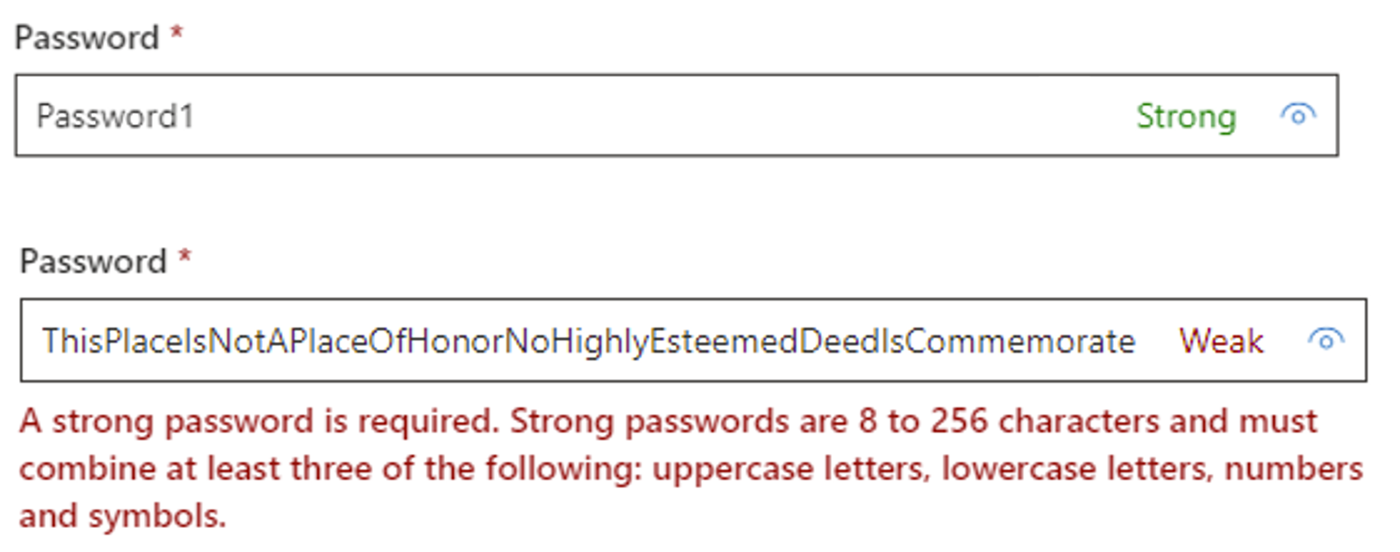 Microsoft 365 admin centre rating Password1 as strong and a 56-character passphrase as weak