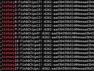 A recovered password history showing seventeen near-identical passwords, Fish&Chips1 to Fish&Chips17